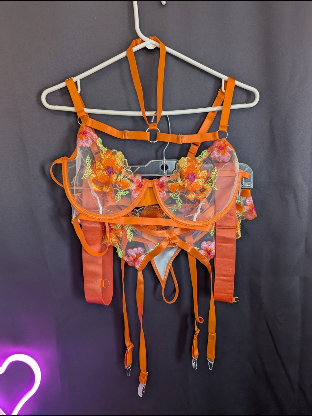 RS Love Orange Floral Embroidered Sheer Bra Set Halter Neon Garter 5 Piece Set